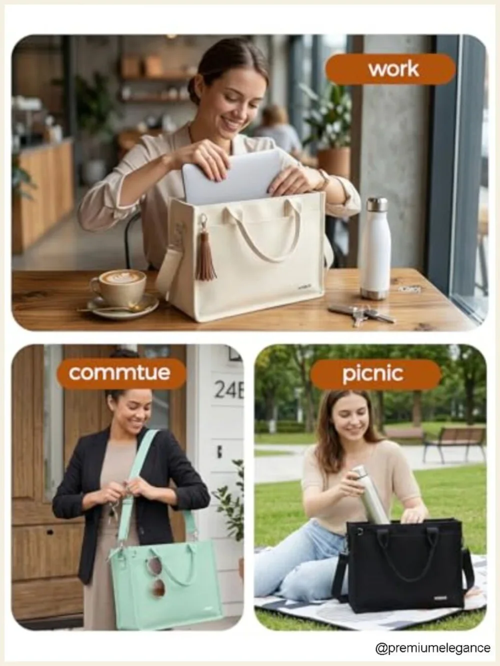 Canvas Tote Bag with Zipper, Large Laptop Compartment, Water Bottle Pocket for